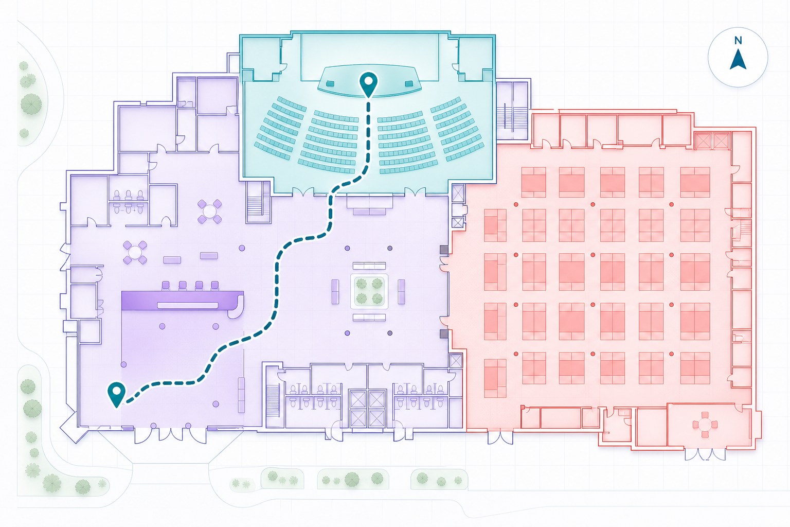 Level 2 convention wing floor plan with keynote hall, concourse, registration, vendor hall, and a highlighted walking route to the keynote.