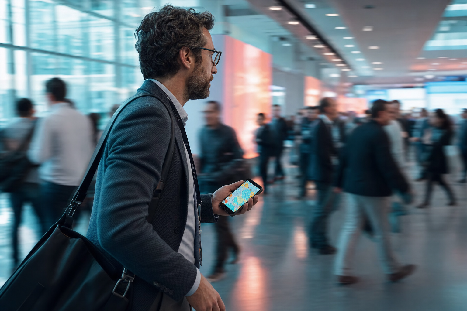Attendee moving through a convention space while referencing wayfinding on a phone.