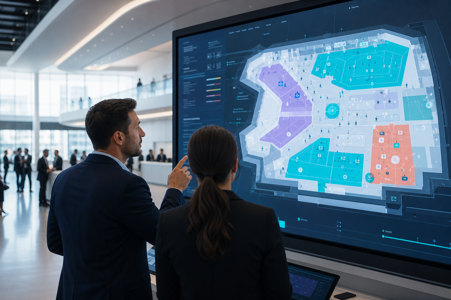 Venue operations context with a digital event map on display for planning and sales.
